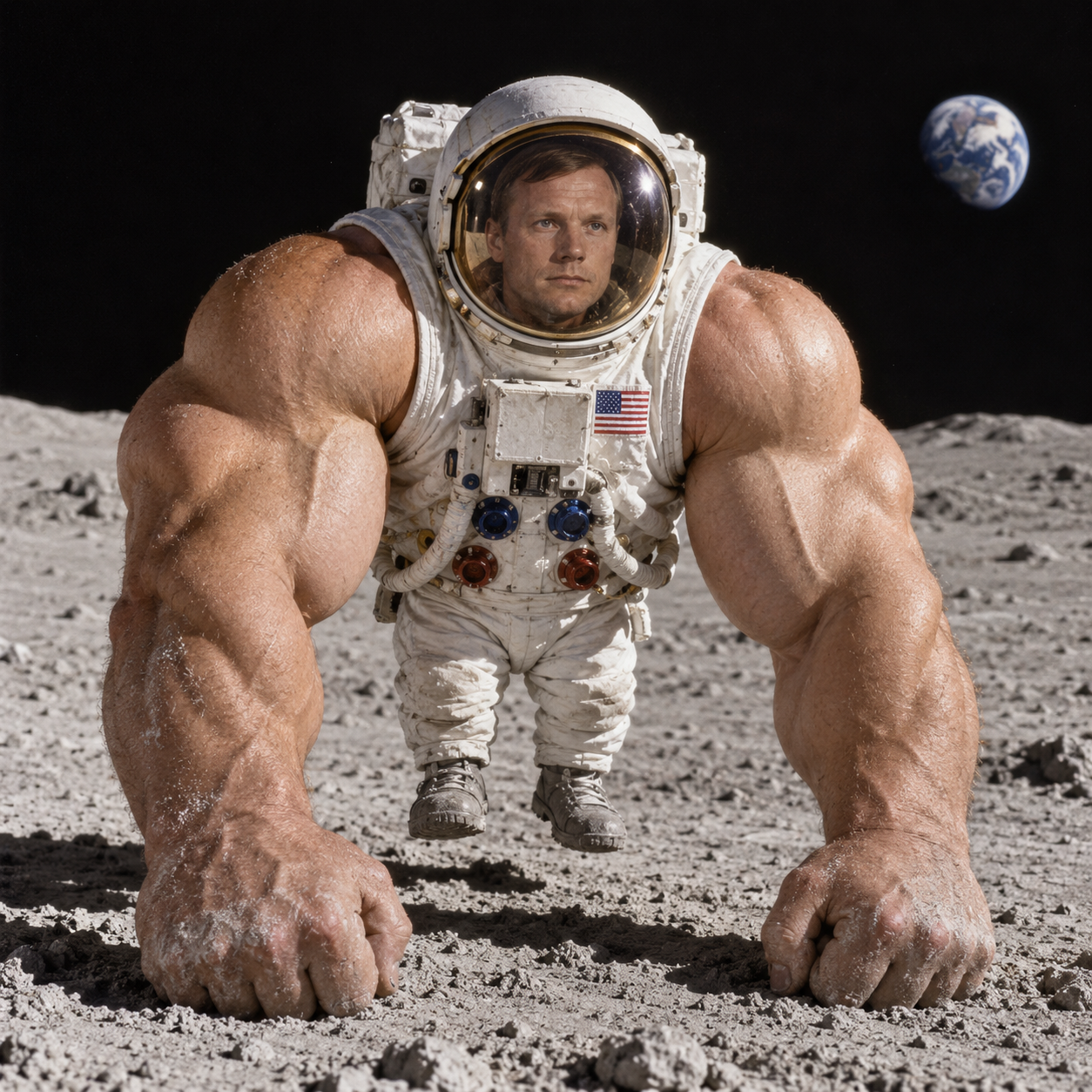 Neil, a tiny astronaut on the Moon, walking on two enormous muscular arms